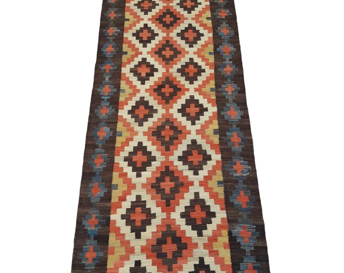 Handwoven Turkish Tribal Wool kilim rug runner - 3'1 x 9'10 ft.