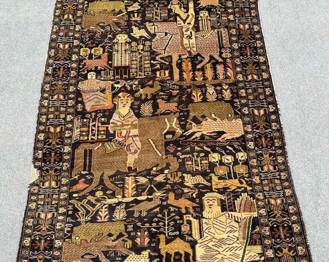 70% off Size 4.4 x 7.11 Ft Baluch Afghan Pictorial Horse Riding rug |Hand knotted Geometric wool rug/Natural Dye Color/ Vintage Wall Hanging