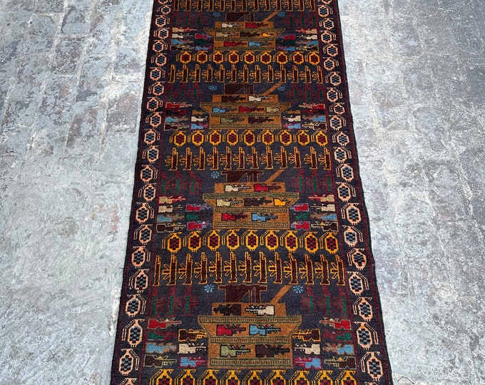 70% off 2.10 x 9.5/ Vintage Afghan Baluch Pictorial War Rug Runner Oriental Art War rug Runner - Afghan War carpet/  Enterway Rug