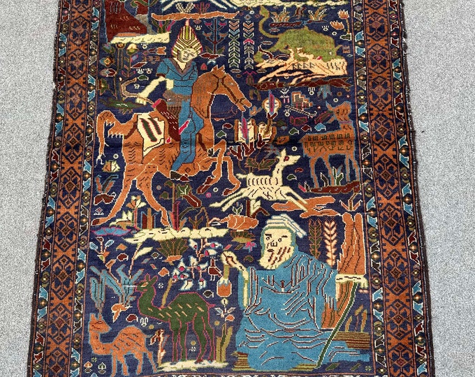 70% off Size 3.2 x 4.4 Ft Baluch Afghan Pictorial Horse Riding rug | Hand knotted Geometric wool rug/Natural Dye Color/ Vintage Wall Hanging