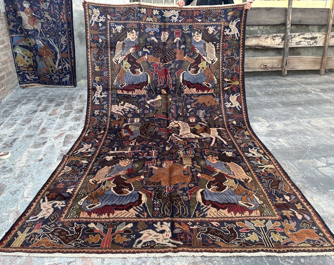 70% off 5.10 x 9.9 Ft /vintage Afghan Pictorial Baluch Horse Riding Handmade Rug -Tribal Dark wool rug/Home Decore Pattern Wall Hanging Rug