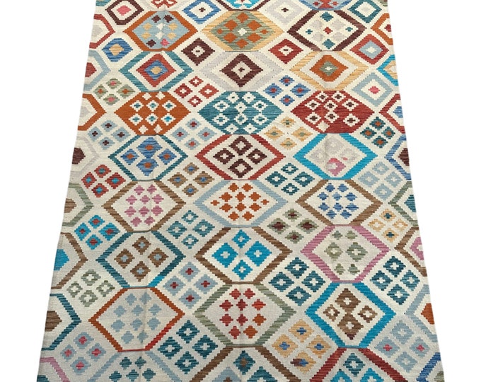 70% off Sky Blue Elegant handwoven Afghan Tribal kilim rug - Bedroom rug - 7x10 Turkish kilim rug