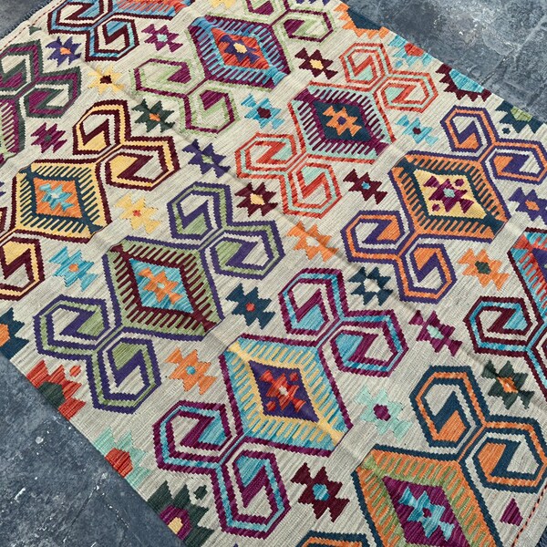 4'11 x 6'8 Modern Afghan Tribal wool kilim rug | Boho handmade Turkish kilim rug