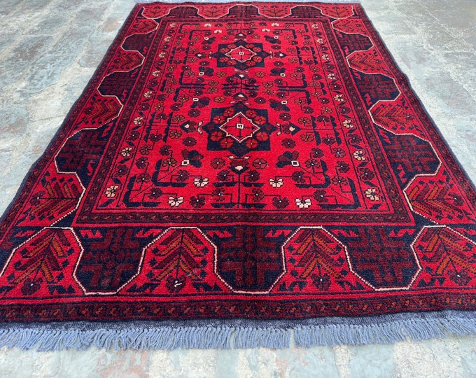 3'3 x 5'0 Red Afghan Tribal Red Wool rug | Hand knotted Boho area rug