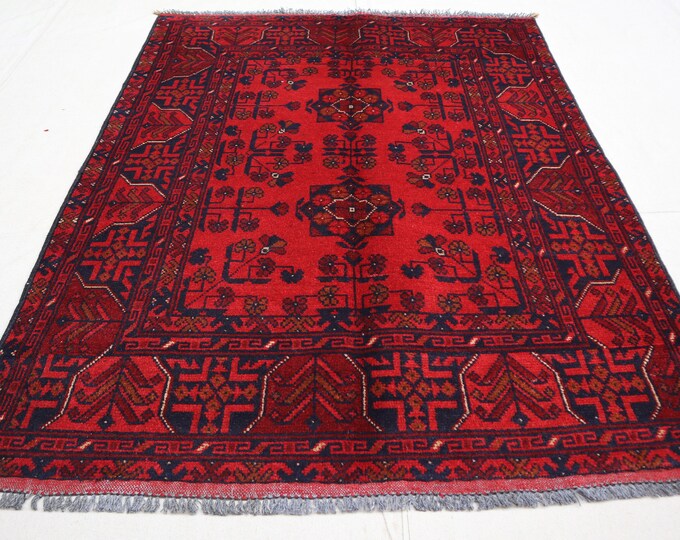 Hand knotted Afghan Rug | Red Tribal rug for Kitchen | 3'3 x 4'9 Handmade wool rug