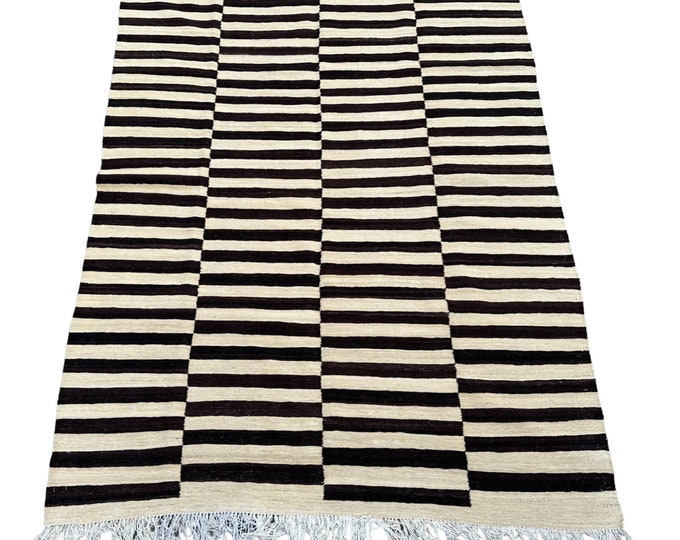 70% off Black and white Striped 5x7 Tribal handwoven Afghan kilim rug - contemporary wool kilim rug