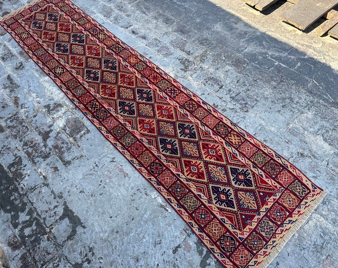 70% off 2.3 x 10 Ft/ super fine Afghan Vintage Mishwani Belly Kilim rug runner | Hand knotted tribal wool runner wool Hallway Rug Runner