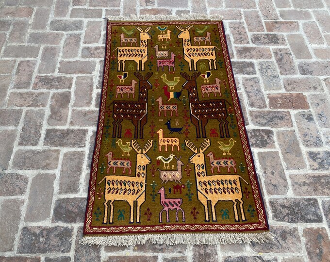 Elegant Pictorial rug - Afghan Wool rug - Deer Pictorial rug