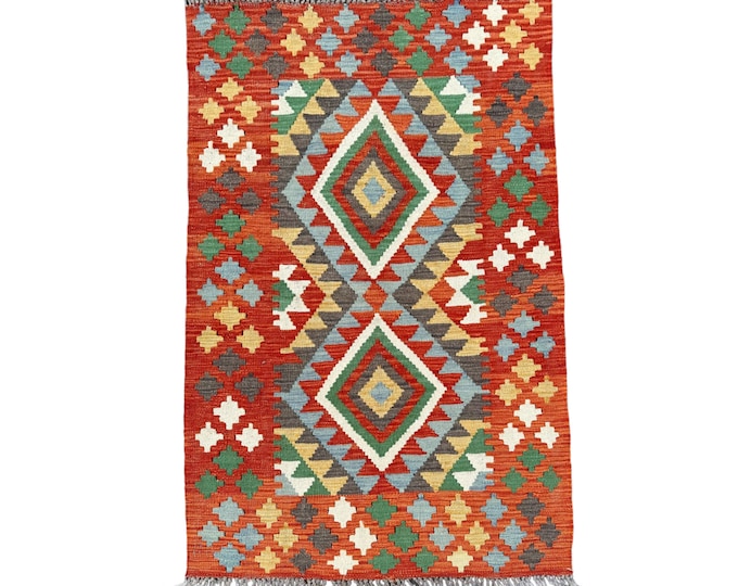 70% off Orange 3x4 Southwestern Handwoven kilim rug - Afghan wool kilim rug