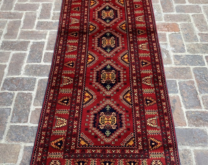 3'0 x 9'6 Hand knotted Tribal hallway Afghan Turkmen rug runner - rug for Kitchen - Turkmen rug runner