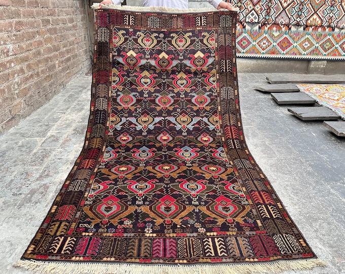 70% off  3.10 x 6.8 Ft/ Afghan vintage Baluch Wool Rug - Handmade tribal vintage afghan Tangi Dizine Geometric Rug Natural Dye Color