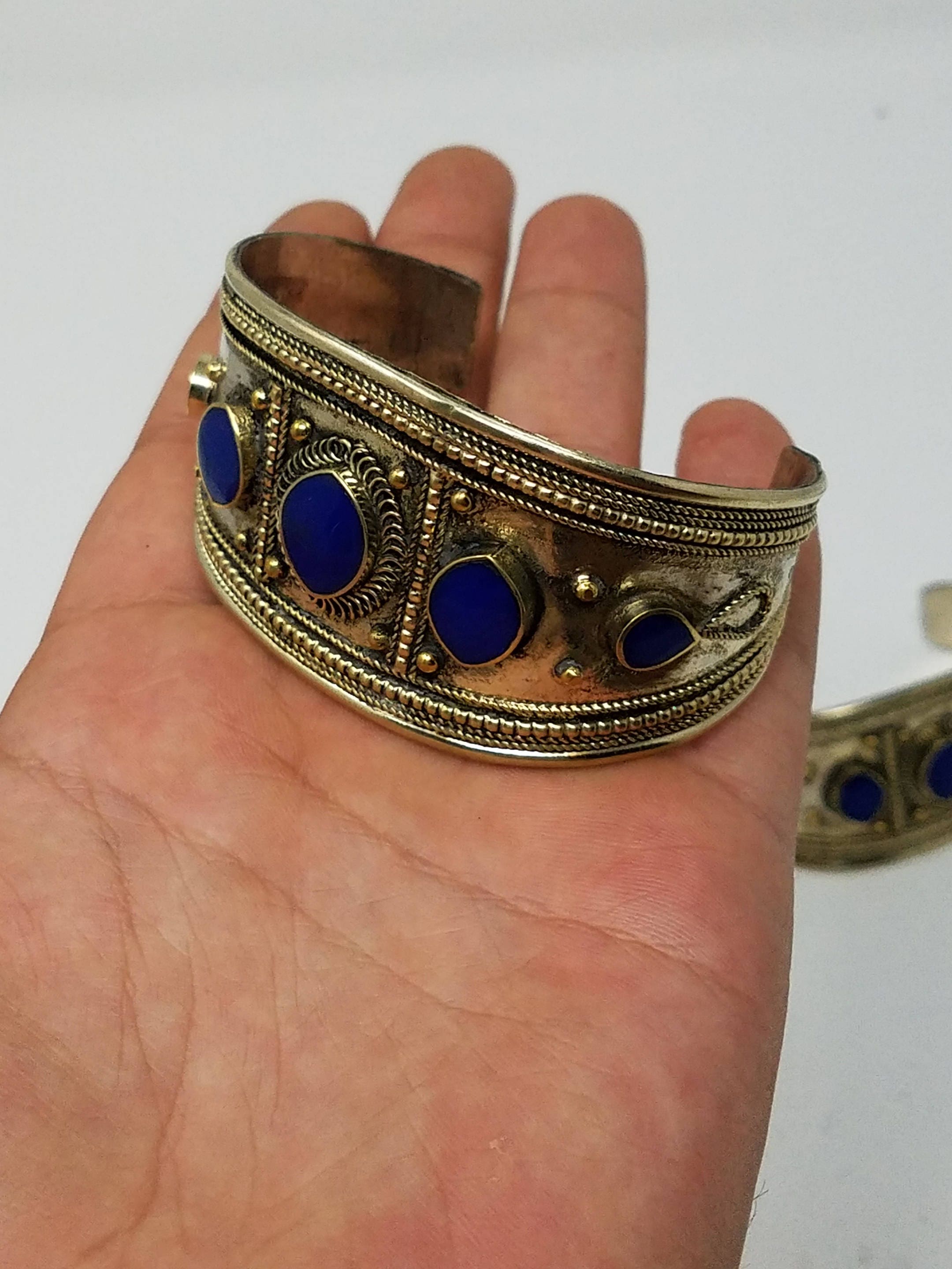 Beautiful Pair Afghan kuchi Lapis cuff bracelets , gypsy pendant