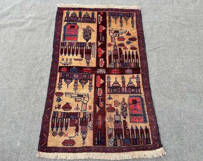 70% off 2.11 x 4.9 / Vintage Afghan Baluch Pictorial War Rug Oriental War rug - Afghan War carpet/  Natural Dye Color/ Nomadic War rug
