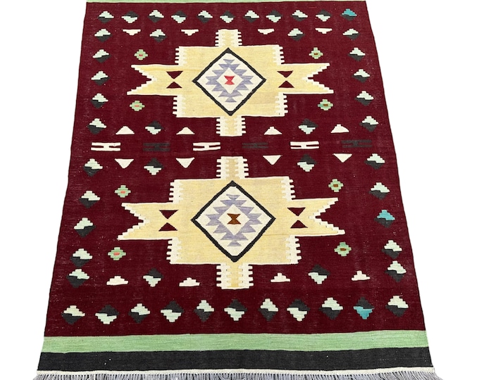 70% off Red 5x7 Southwestern handwoven kilim rug - Afghan tribal wool rug kilim - Kids room rug - 5x7 Turkish kilim rug