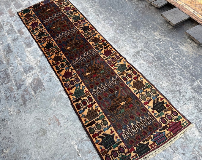 70% off 2.9 x 8.10/ Vintage Afghan Baluch Pictorial War Rug Runner Oriental Art War rug Runner - Afghan War carpet/  Enterway Rug