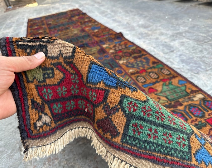 70% off 2.8 x 9.3/ Vintage Afghan Baluch Pictorial War Rug Runner Oriental Art War rug Runner - Afghan War carpet/  Enterway Rug