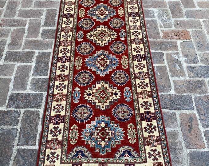 2'7 x 8'2 Veg dye hand knotted kazak rug runner - hallway runner rug - hand spun wool rug