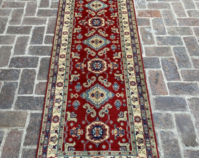 2'7 x 9'6 Veg dye hand knotted kazak rug runner - hallway runner rug - hand spun wool rug