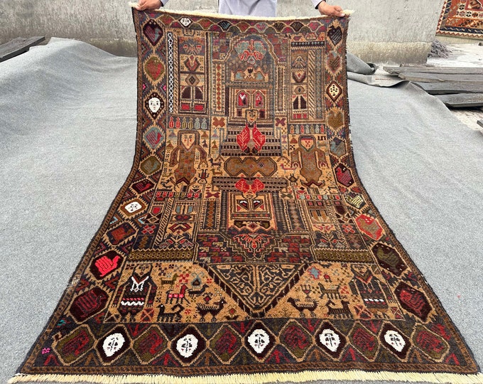 70% off Size 3.10 x 6.9 Ft Baluch Afghan Pictorial  King rug | Hand knotted Geometric wool rug/ Natural Dye Color/ Vintage Wall Hanging Rug
