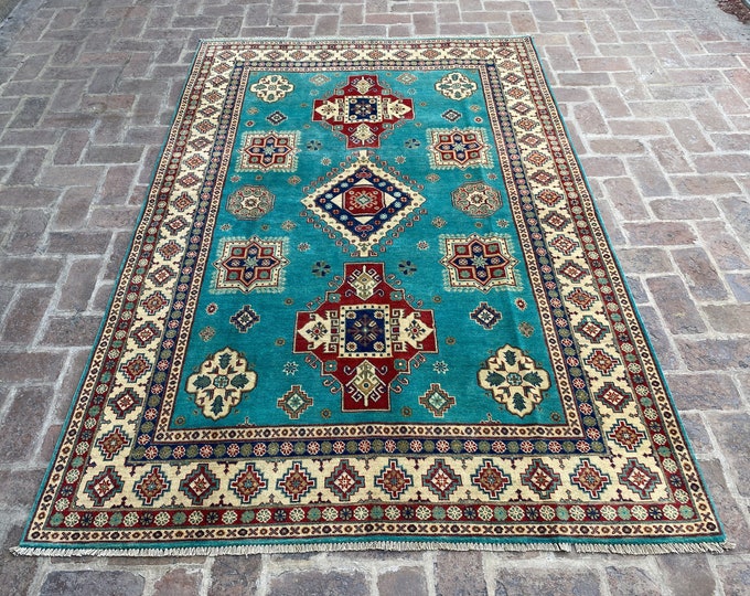 5'8 x 8'7 Hand knotted tribal Turkish wool rug - Blue Kazak veg dye rug - Living room rug - Bedroom rug