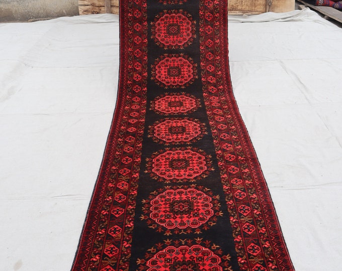 70% off 2.9 x 11.6 Ft/ super fine Afghan Red Vintage Turkmen rug runner  Hand knotted tribal wool runner rug Nomadic wool Hallway Rug Runner