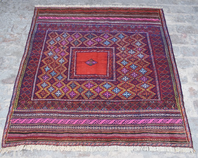 70% off 4.7 x 4.7 Ft/ Afghan tribal Squar Sofra kilim Rug, Traditional wool kilim/Handknotted old Geometric killim Rug/ Natural Dye Colors