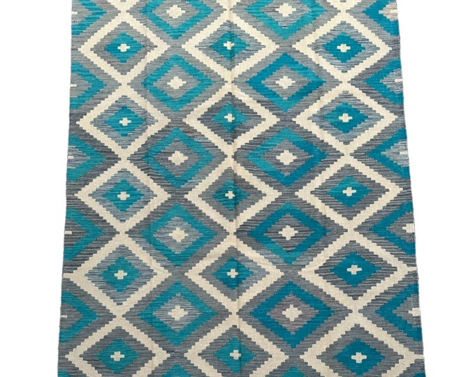 70% off Blue 6x8 Handwoven Tribal Geometric rug - Afghan kilim rug - Bedroom decor rug - Modern kilim rug