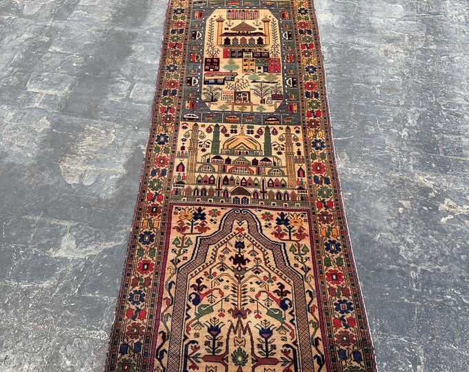 70% off 2.8 x 12.3 Ft/ super fine Afghan Baluch Vintage Barjesta rug runner | Hand knotted tribal wool runner rug Nomadic wool Hallway Rug