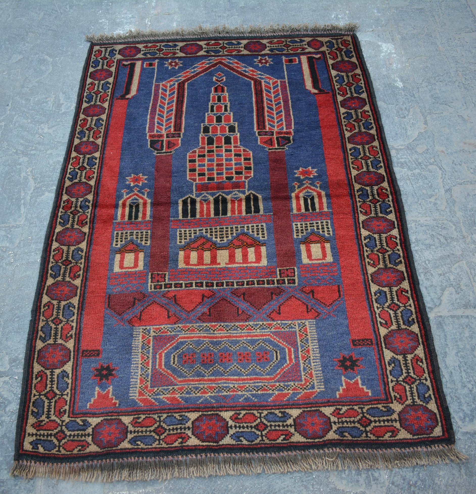 vintage Kawdani Afghan Nomadic tribal handmade wool prayer rug