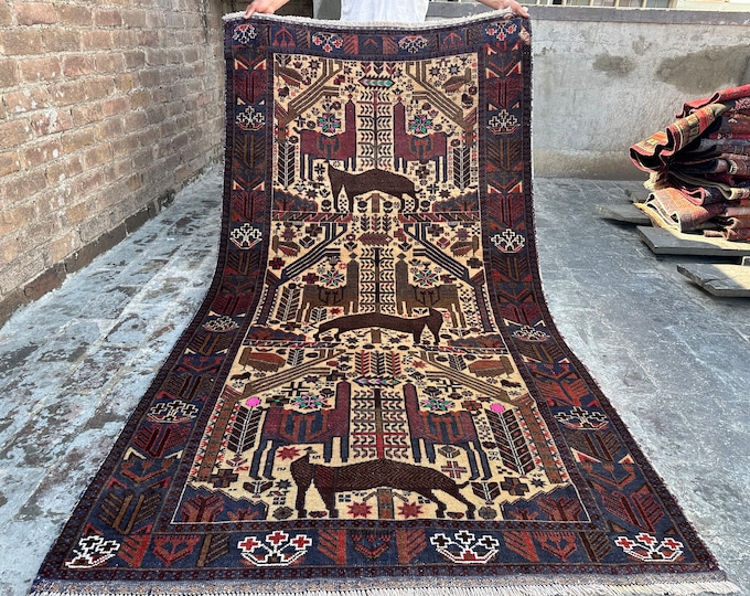 70% off 4'1 x 7'8 Vintage Tribal Afghan Baluch Pictorial Rug hand knotted rug - Turkish vintage rug - Wall Hanging Rug/ Nomadic Baluch Rug