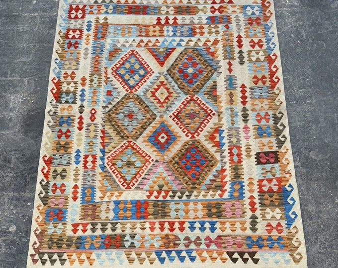 70% off 5'6 x 6'8 Contemporary Modern Tribal afghan handwoven  kilim rug