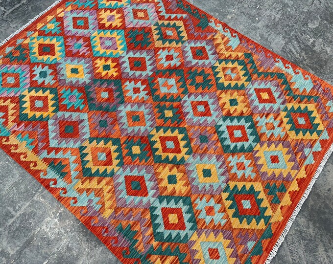 5'0 x 6'7 Orange Modern Tribal afghan handwoven veg dye kilim rug