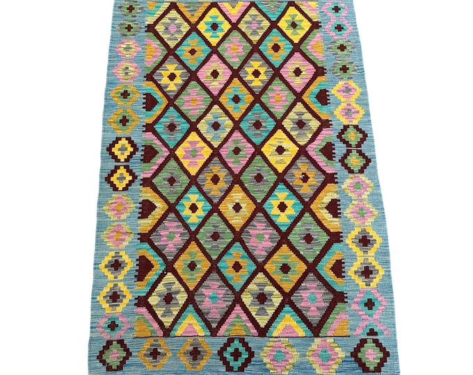 3x5 Hanwoven Afghan Kilim rug - Made with 100% wool -Kilim rug for bedroom accent - Tribal Boho kilim rug