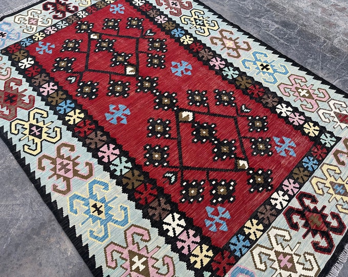 70% off Red Handwoven Turkish Traditional rug - elegant 7x10 rug kilim - Rug for bedroom