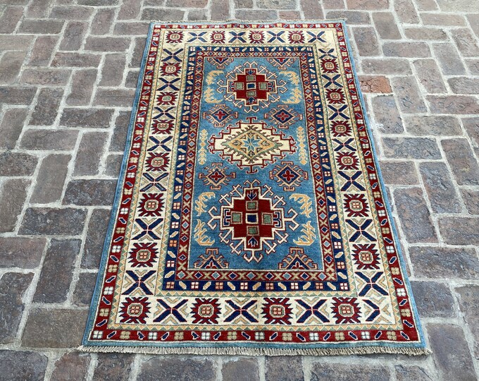 4'1 x 5'7 Tribal Afghan Kazak wool rug - Hand Spun wool - veg dye Oriental rug - 'geometric rug - Southwest syle rug