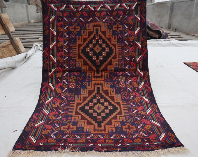 70% off Size 3 x 4.8 Ft Baluch Afghan rug | Hand knotted Geometric wool rug/Nomadic Dog Foot Natural Dye Color/ Vintage  patern Rug