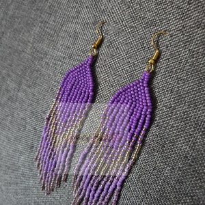 Purple, Gold Ombre&#39; Earrings, Beaded Earrings, Seed Bead Fringe, Boho Earrings, Handmade Earrings, Dangle Earrings
