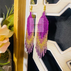 Purple Ombré Earrings, Beaded Earrings, Seed Bead Fringe, Boho Earrings, Handmade Earrings, Dangle Earrings