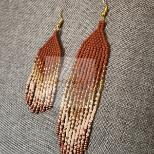 Coffee, Brown, Gold, Cream, Bronze Earrings, Beaded Earrings, Seed Bead Fringe, Boho Earrings, Handmade Earrings, Dangle Earrings
