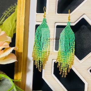 Green Ombré Earrings, Beaded Earrings, Seed Bead Fringe, Boho Earrings, Handmade Earrings, Dangle Earrings