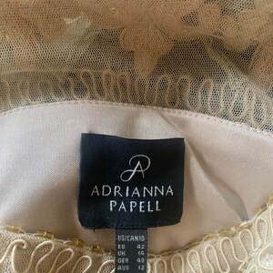 May include: Close-up of a beige dress with a delicate, lacy overlay. The dress features a label with the brand name "Adrianna Papell" and size information. The neckline is adorned with decorative stitching and small beads, adding texture and detail to the elegant garment.