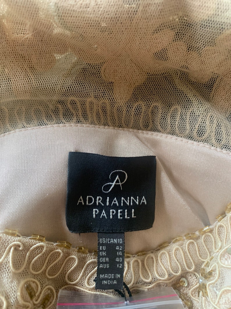 May include: Close-up of a beige dress with a delicate, lacy overlay. The dress features a label with the brand name "Adrianna Papell" and size information. The neckline is adorned with decorative stitching and small beads, adding texture and detail to the elegant garment.