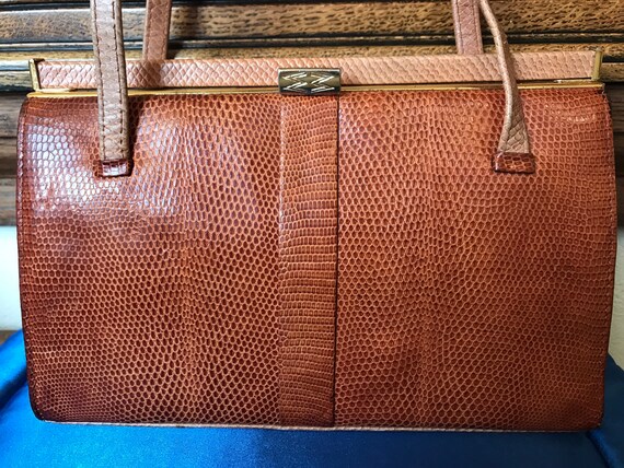 Vintage Tan Lizard Skin Two Handled Handbag - image 2
