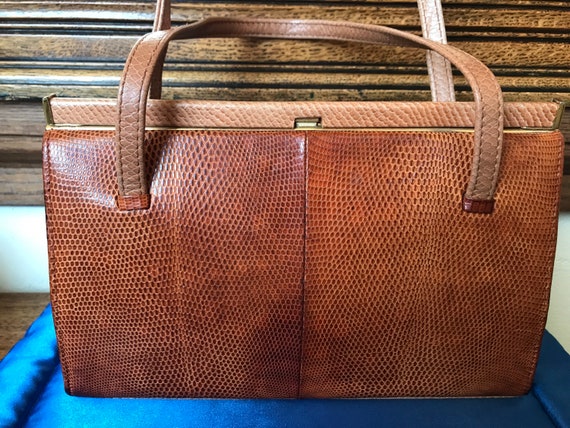 Vintage Tan Lizard Skin Two Handled Handbag - image 6