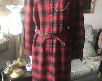 Vintage Red Tartan Plaid Dress, Red Tartan Dress, Vintage Red Tartan Day Dress