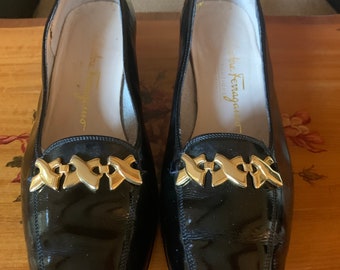 Vintage Salvatore Ferragamo Black Patent Slip Ons, Ferragamo Italian Black Patent Shoes, Italian Black Patent Shoes