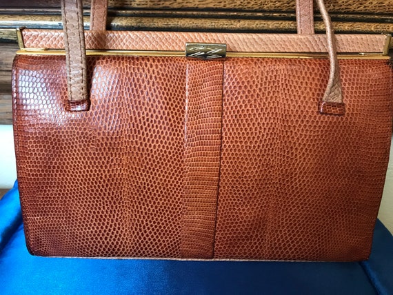 Vintage Tan Lizard Skin Two Handled Handbag - image 1