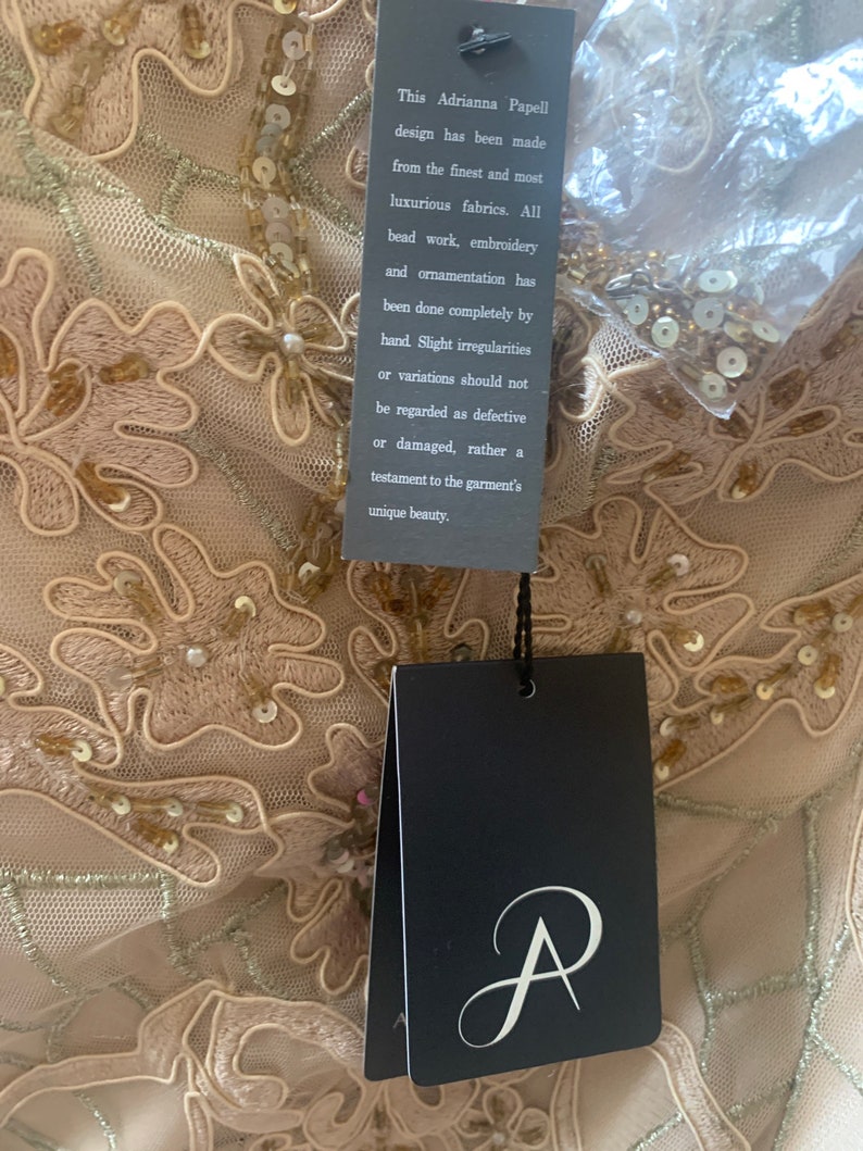 May include: Close-up of a beige dress with intricate floral embroidery and beadwork. The dress has a delicate, sheer overlay. A black tag with the Adrianna Papell logo and text about the design's craftsmanship hangs from the garment.