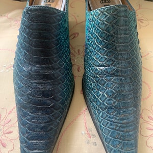Vintage Snakeskin Mules, Vintage Snakeskin Slip Ons, Snakeskin Mules, Vintage Blue Snakeskin Slip Ons