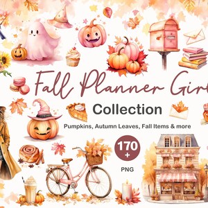 May include: A collection of 170+ watercolour illustrations featuring autumn-themed elements, including pumpkins, leaves, and other items. The illustrations are in a soft, pastel colour palette and feature a variety of designs, such as a ghost, a pumpkin with a witch's hat, a bicycle with a basket of leaves, and a shopfront with a striped awning.